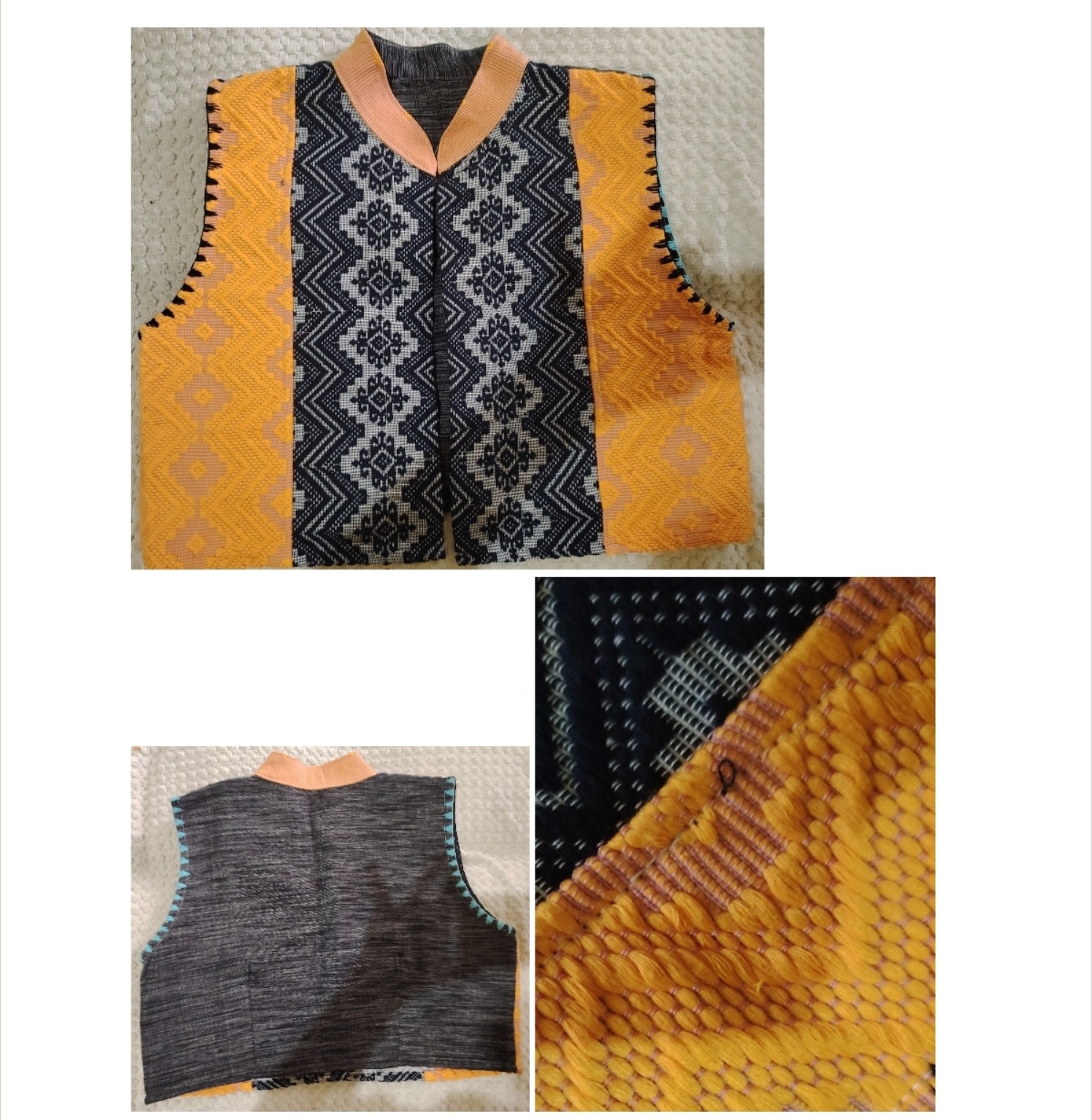 Orange, black and cream TÁWID woven garment displayed on a mannequin.