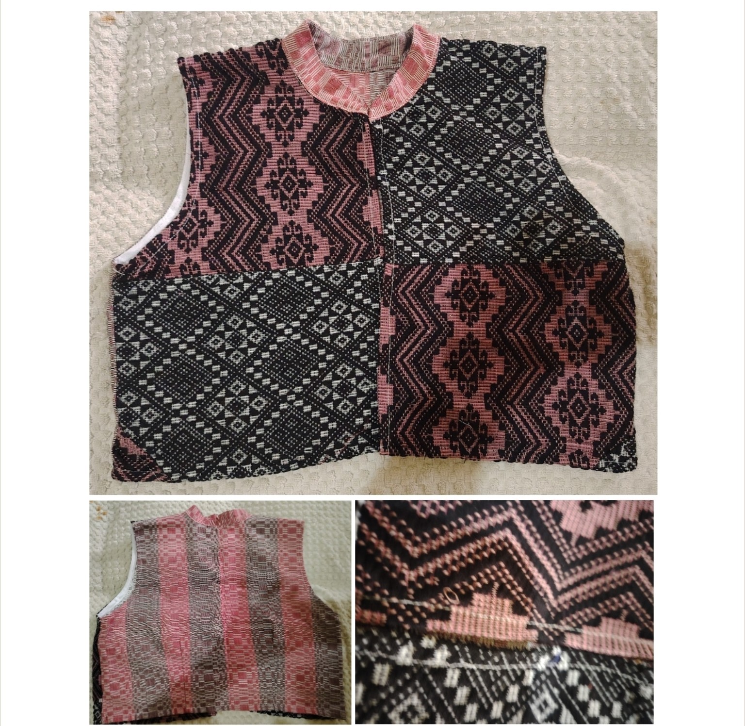 Pink, black and white TÁWID woven garment displayed on a mannequin.