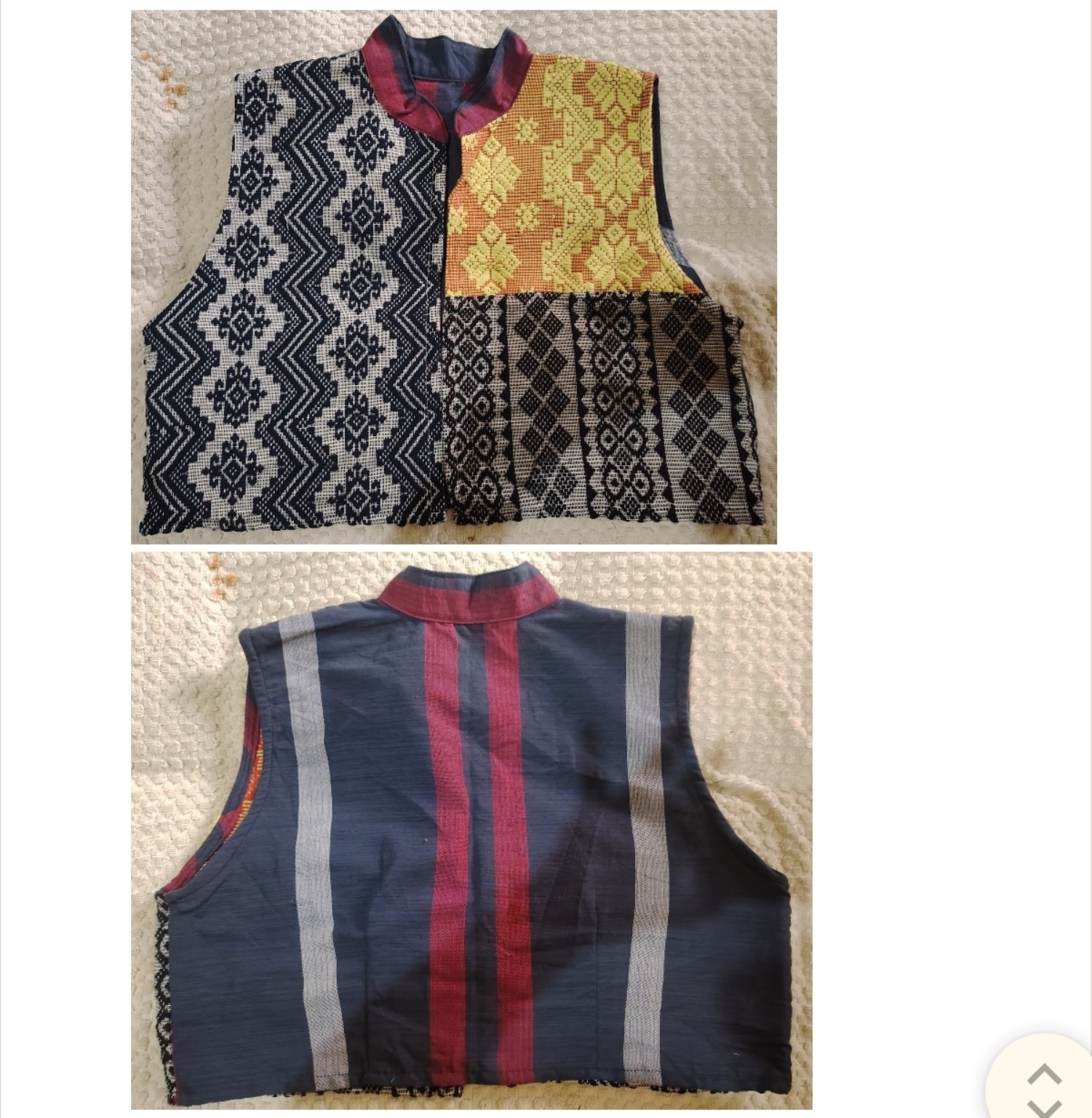 Black, yellow and cream TÁWID woven garment displayed on a mannequin.