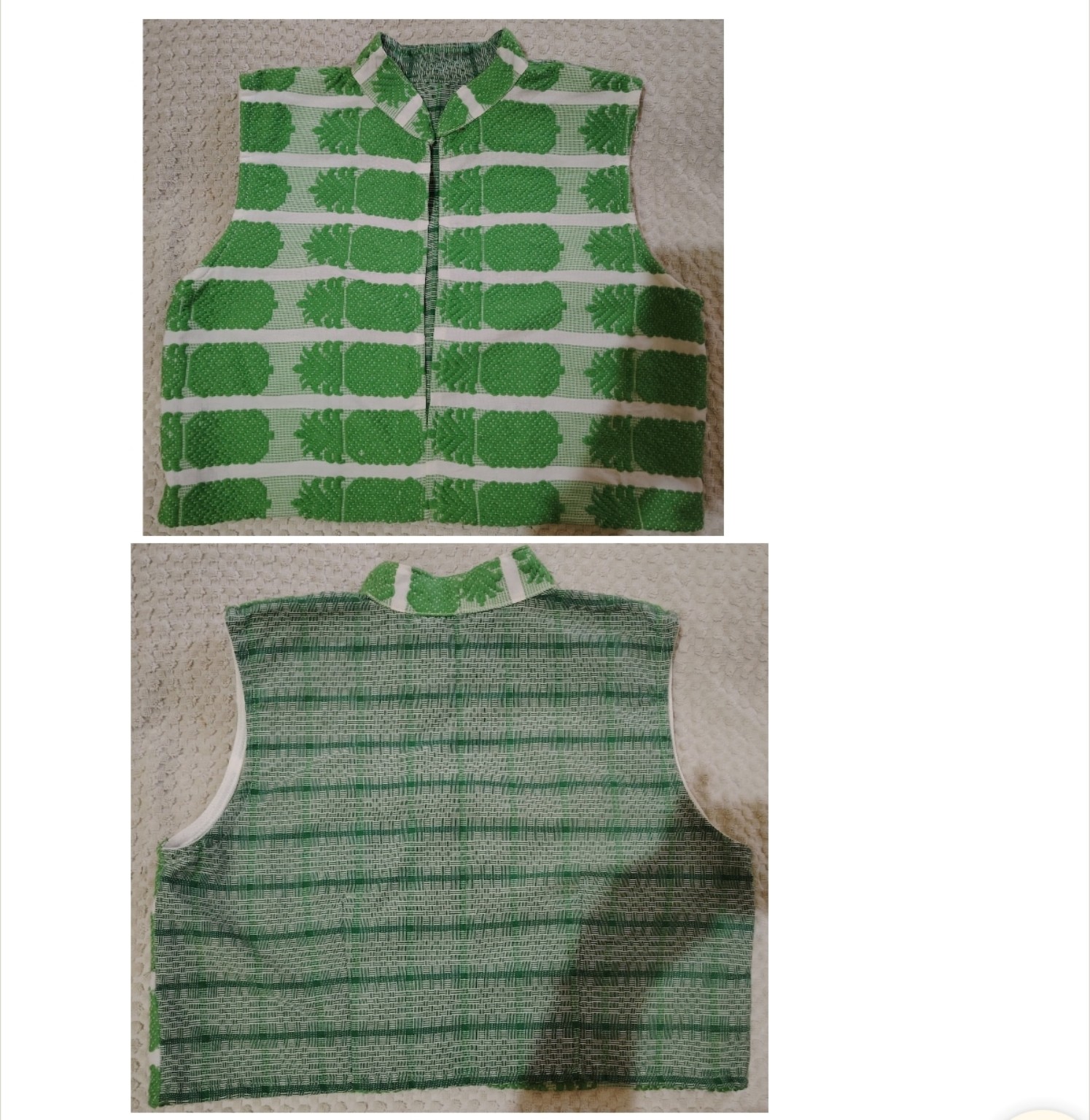 Green and white TÁWID woven garment displayed on a mannequin.