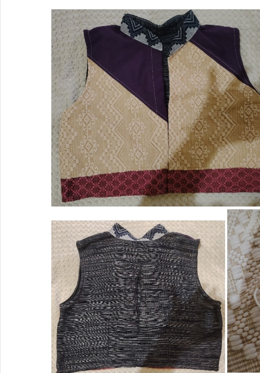 Cream and purple TÁWID woven garment displayed on a mannequin.