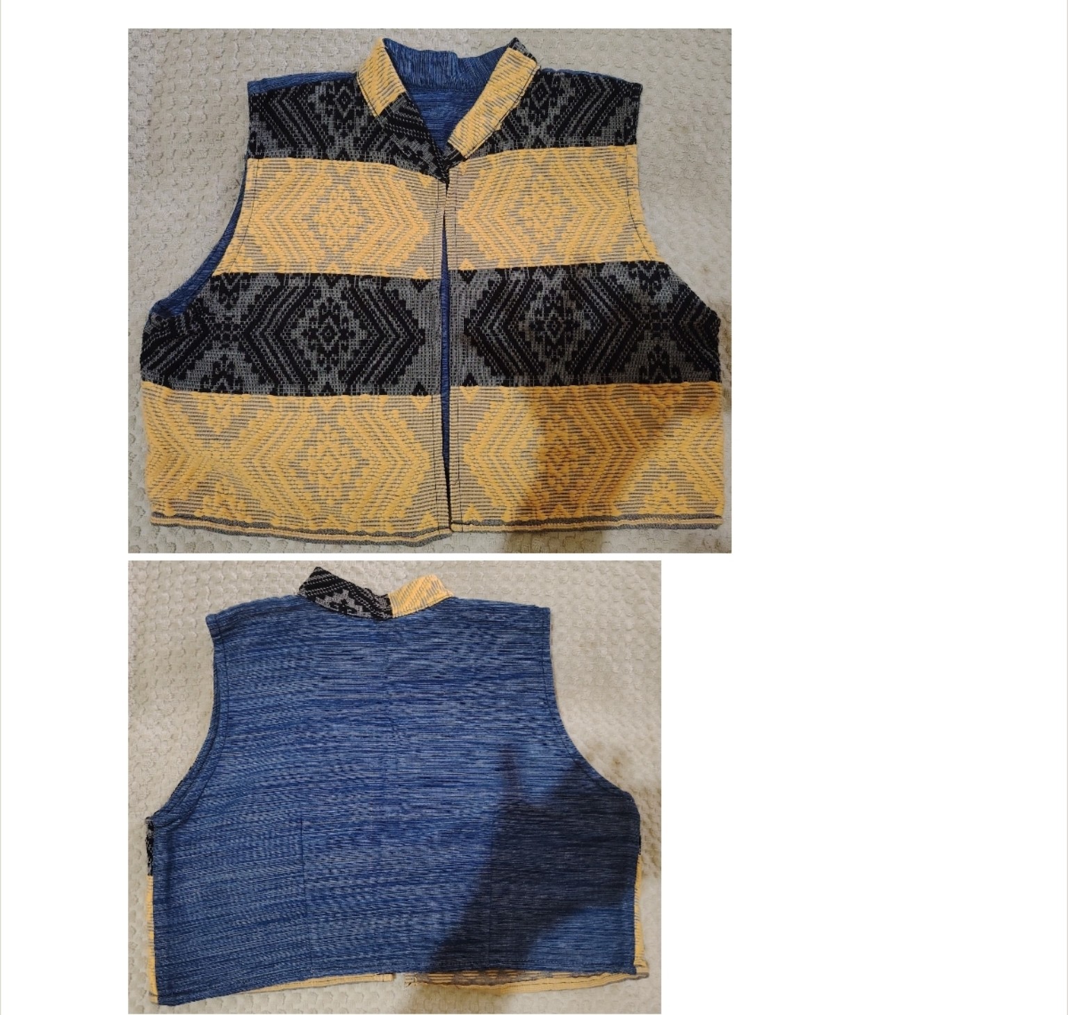 Blue, yellow and black TÁWID woven garment displayed on a mannequin.
