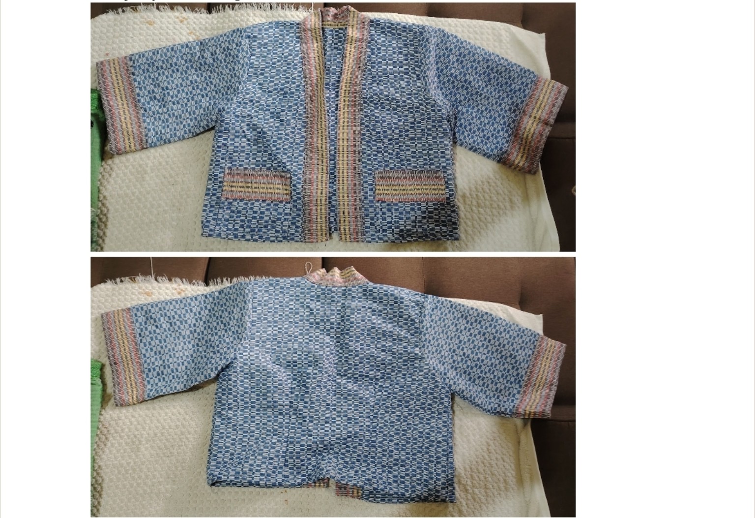 Blue TÁWID woven kimono displayed on a mannequin.